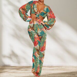 Pretty Little Thing Orange Big Leaf Tie Front Wide Leg Beach 2-Pc Set Sz10 NWT